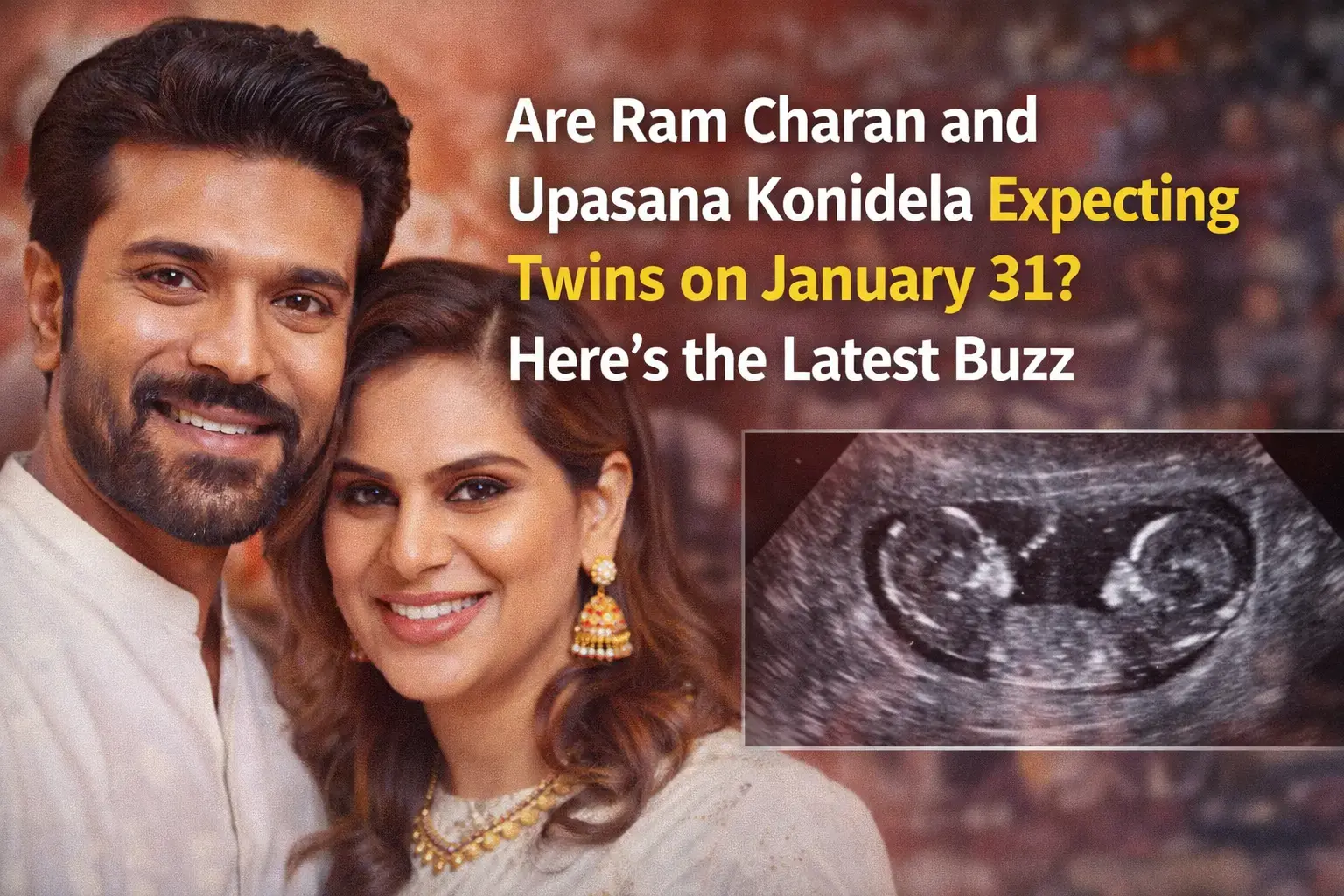 Ram Charan and wife Upasana Konidela smiling together as speculation grows about them expecting twins in January 2026.