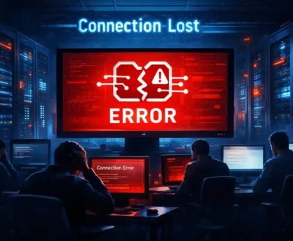 Character.AI outage illustration showing AI chatbot error screen and server room warning lights