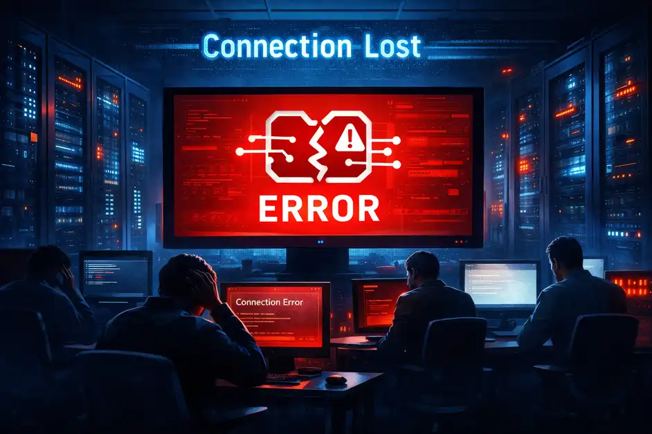 Character.AI outage illustration showing AI chatbot error screen and server room warning lights