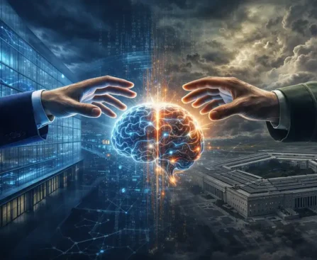 Anthropic CEO Dario Amodei and U.S. Pentagon building representing AI military contract dispute