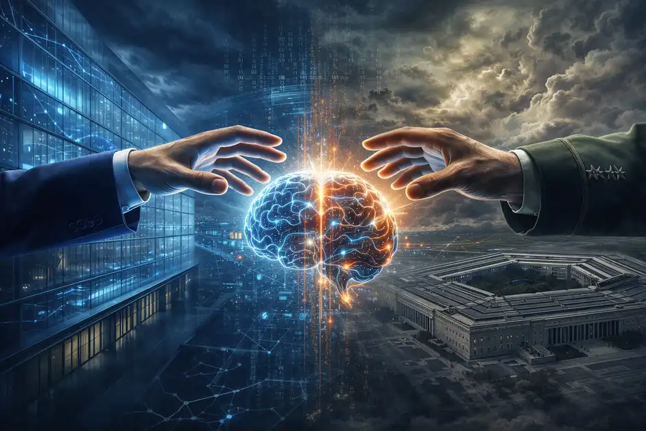 Anthropic CEO Dario Amodei and U.S. Pentagon building representing AI military contract dispute