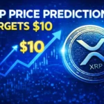 XRP price prediction graphic showing XRP coin and bullish chart targeting 10 dollars