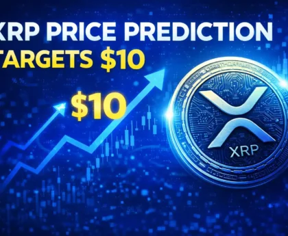 XRP price prediction graphic showing XRP coin and bullish chart targeting 10 dollars