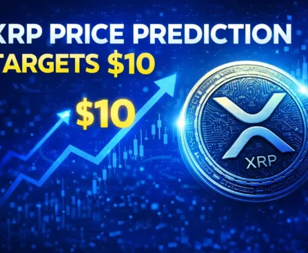 XRP price prediction graphic showing XRP coin and bullish chart targeting 10 dollars
