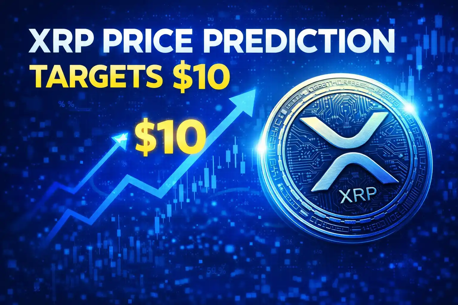 XRP price prediction graphic showing XRP coin and bullish chart targeting 10 dollars